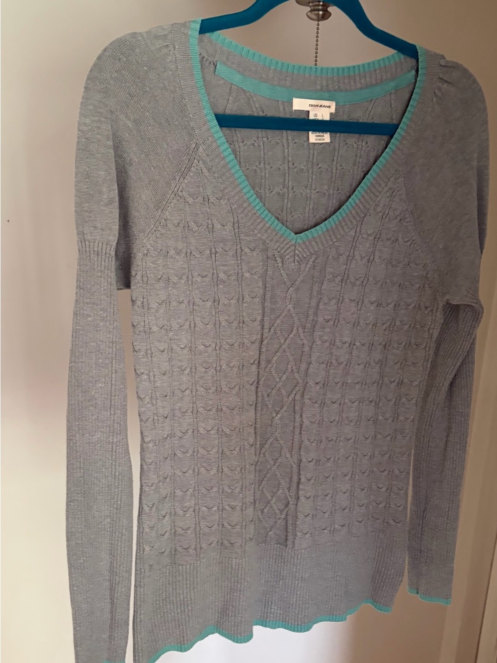 Dkny Light Gray V-Neck Cable Knit Sweater with Teal Trim